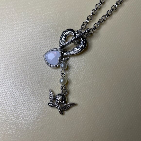 Silver Tone Angel Charm Necklace with Heart Toggle & Faux Pearl Drop - Picture 3 of 4